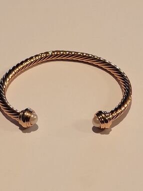 Gold-Tone Twisted Open Cuff Bracelet with Pearl End Caps